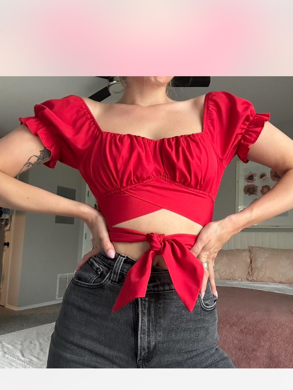 Red Hot Puff Sleeve Tie-Front Crop Top